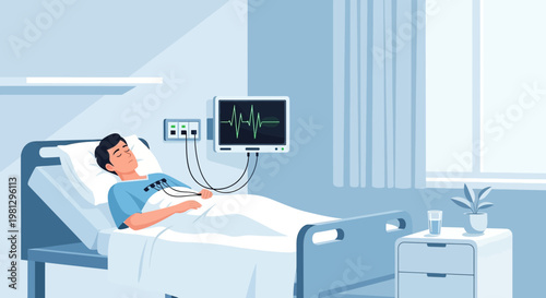 Patient in Hospital Bed Connected to Medical Monitor, Healthcare Concept