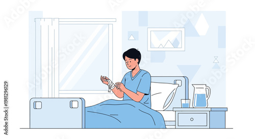 Patient in hospital bed receiving medical treatment, close-up on hands and medication