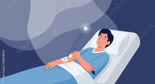 Patient in hospital bed receiving medical treatment with advanced technology monitoring