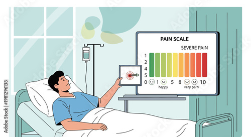 Patient in hospital bed uses pain scale monitor, healthcare concept