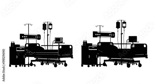 Two hospital beds with medical equipment are depicted in black silhouette