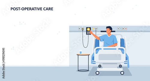 Patient in hospital bed receiving post-operative care with medical equipment
