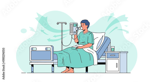 Patient in hospital bed using oxygen mask, recovering with medical equipment