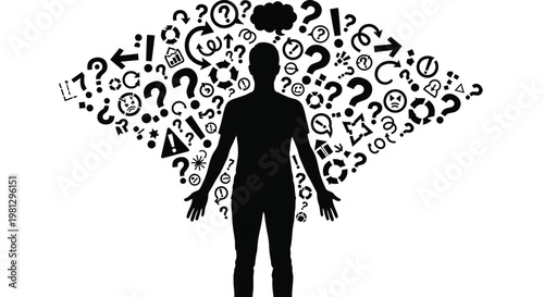 Silhouette of a person surrounded by a collection of various confusing question marks and abstract symbols