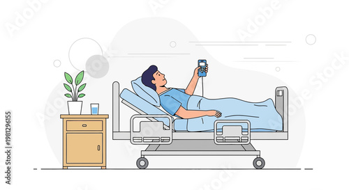 Patient in hospital bed using medical device, recovery, healthcare concept