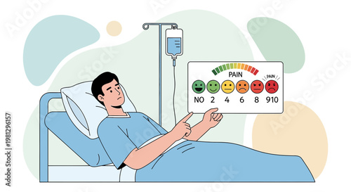Patient in hospital bed rates pain level using visual scale, IV drip in foreground