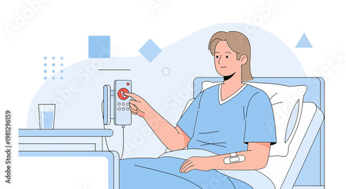 Patient in hospital bed pressing call button, receiving medical care and treatment
