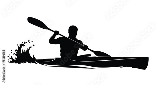 Silhouette of a kayaker paddling through water with splashing waves