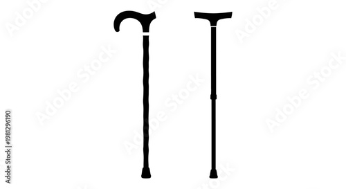 Two walking aids a curved handle cane and a forearm support crutch