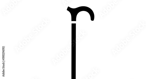 Simple black silhouette of a classic walking cane on white background