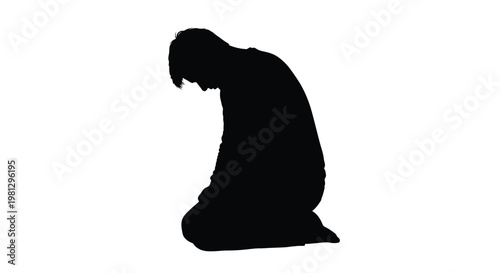 A sad man kneeling in despair shown as a simple black vector graphic silhouette art style