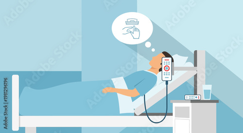 Patient in hospital bed with call button, thinking about wound care