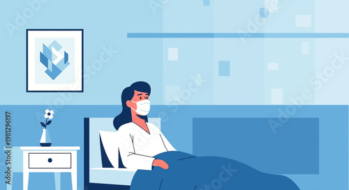 Patient in Hospital Bed Wearing Face Mask, Recovering from Illness or Surgery