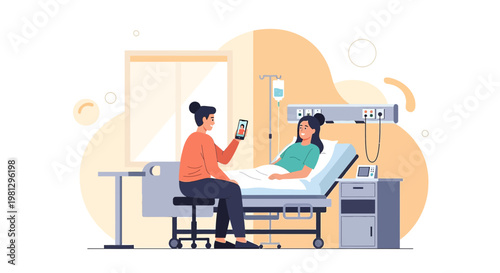 Patient in Hospital Bed Video Calls Visitor on Phone, Recovery Room Scene