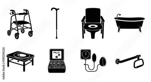 Black silhouette icons depicting assistive devices and medical equipment