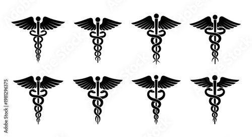 Eight variations of the caduceus symbol in a grid arrangement