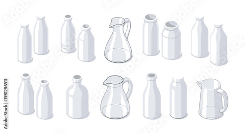 A clean collection of isometric white ceramic milk bottles and pitchers features various shapes and sizes arranged neatly on a plain white background.