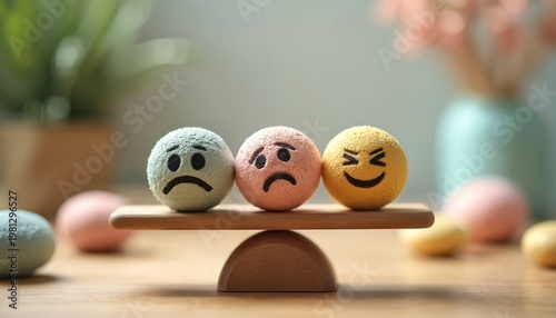 Three balls with faces sad neutral and happy sit on scale. Balancing emotions stress relief and mental health concept. Finding inner peace and calm.