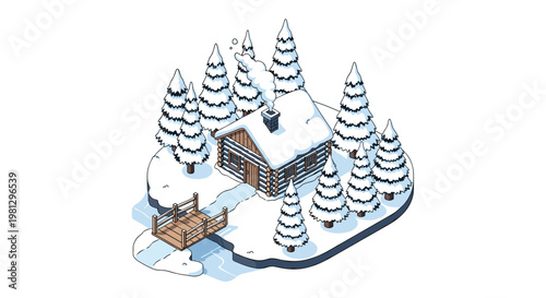 A meticulous isometric log cabin stands on a small snowy island connected by a sturdy wooden bridge over a partially frozen blue winter stream landscape.