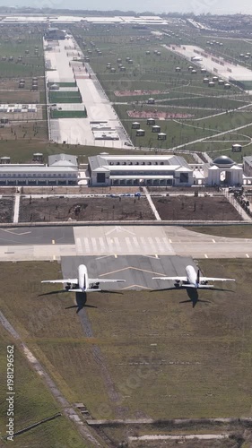 Aerial view of private jets at the airport. Drone footage of planes parked at the airport, Istanbul, Turkey.