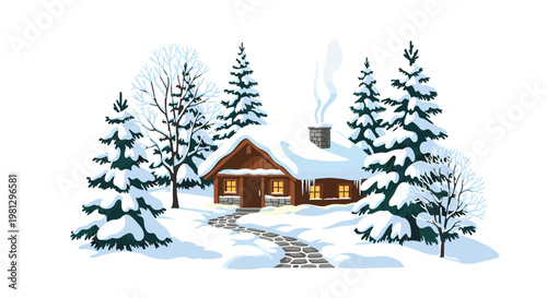 A charming rustic wooden cabin sits peacefully amidst a dense forest of snow-covered evergreen trees under a bright white winter sky with soft blue shadows.