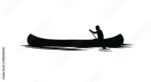 Silhouette of a person canoeing on calm water simple graphic