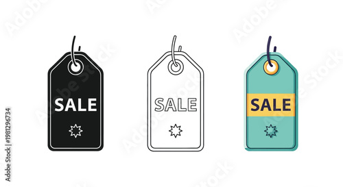 Three sale tag icons in varying styles black outline and color
