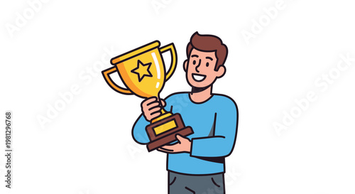 A smiling man proudly holds a golden trophy with a star emblem