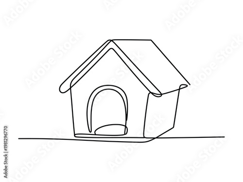 A simple line drawing of a dog house with a peaked roof and open doorway on white background