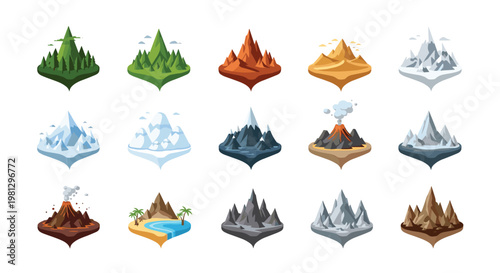 A collection of fifteen floating island icons features pointed bases and diverse terrains including active volcanic peaks, snowy mountains, and sandy beaches.