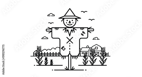 A simple line drawing depicts a scarecrow in a rural landscape