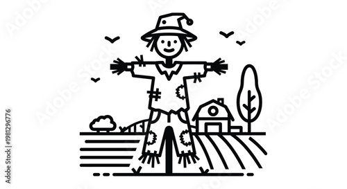 A simple black and white illustration of a scarecrow in a field