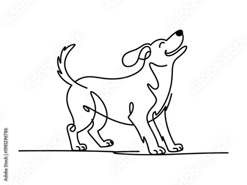 A simple line drawing of a dog standing on a flat surface and barking loudly outdoors