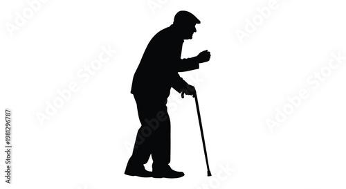 Silhouette of an elderly man walking with a cane against white