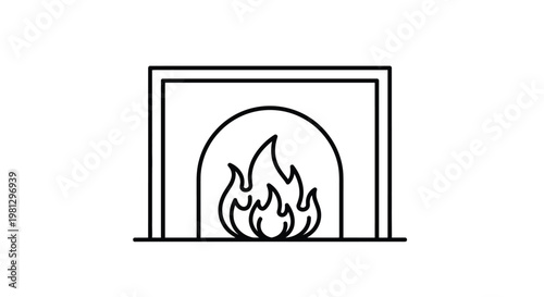 A simple black and white line drawing depicting a traditional fireplace with flickering flames inside