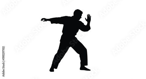 Black vector illustration showing a martial arts expert performing a focused karate stance for combat training