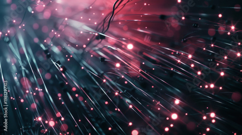 Vibrant pink and blue light trails on dark background with glowing dots and streaks of light