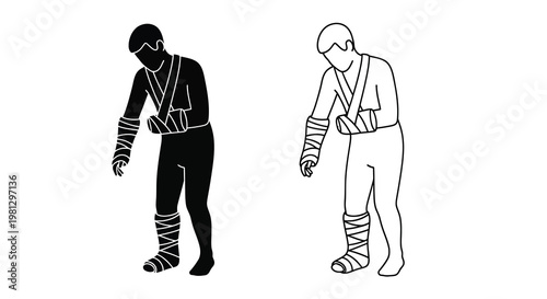 Injured person with casts on arm and leg shown in two versions