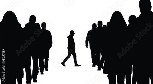 Minimalist vector graphic illustration featuring a solitary person walking alone among a large dense crowd