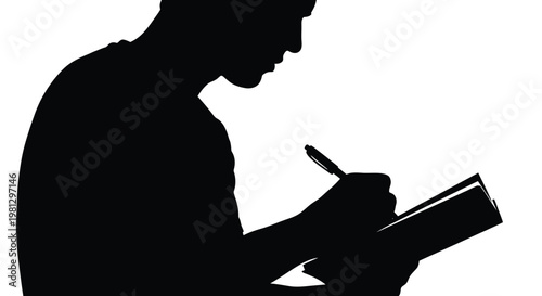 Minimalist vector graphic showing a person diligently writing with a pen in a book