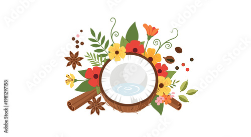 A fresh halved coconut containing clear water is beautifully arranged with tropical red flowers, yellow blossoms, cinnamon sticks, and aromatic star anise on white.