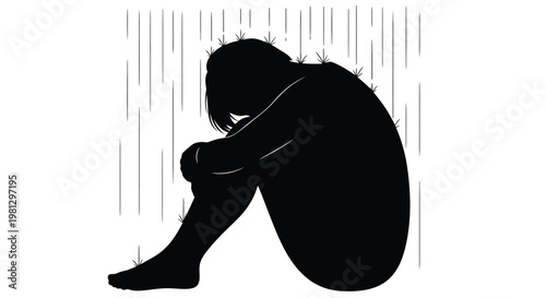 Conceptual vector graphic depicting a person overwhelmed by sadness, grief, and emotional distress.