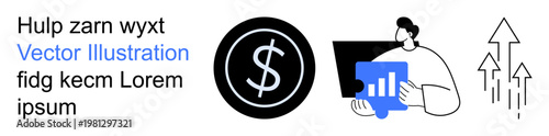 Finance, economic growth, data analysis, business strategy, digital economy, stock market progress. Dollar sign, person working with data charts upward trend arrows. Finance and economic growth