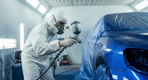 Auto painter in protective suit spraying car in paint booth with compressed air