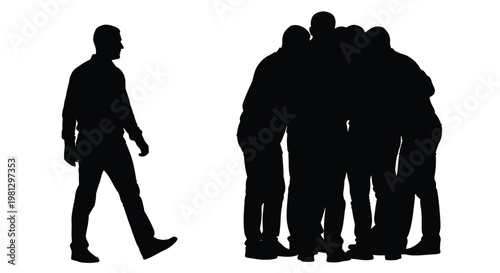 Isolated man walking away from a group of people standing together in this vector graphic illustration