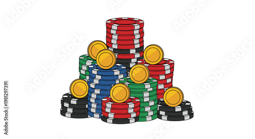 A massive pile of multicolored poker chips in red, blue, green, and black is topped with several shiny gold coins against a clean white background.