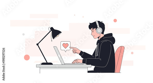Young man with headphones working on laptop, liking content online, modern workspace