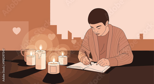 Young man writing in journal by candlelight, city skyline background, hearts motif