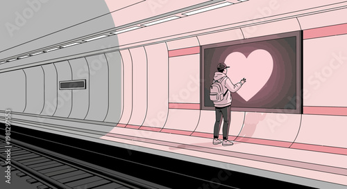 Young person admiring large glowing heart on subway station screen, love concept