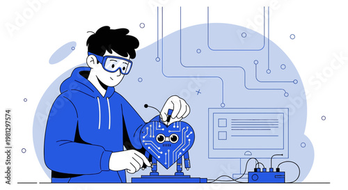 Young student building a futuristic robot heart with circuits, learning STEM and engineering